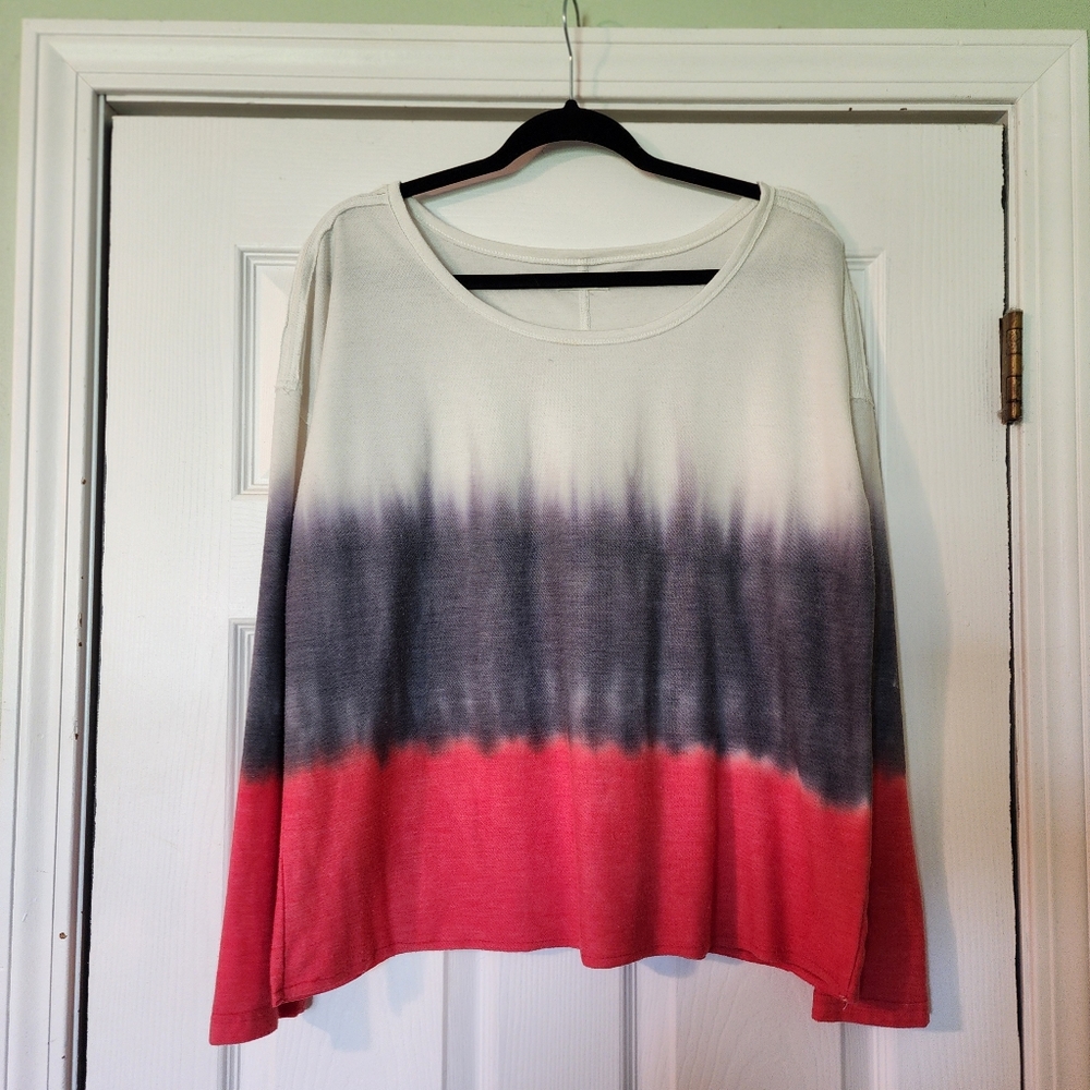 maurices XL Tie Dye Tiered White Blue and Red Long Sleeve Wide Neck Top